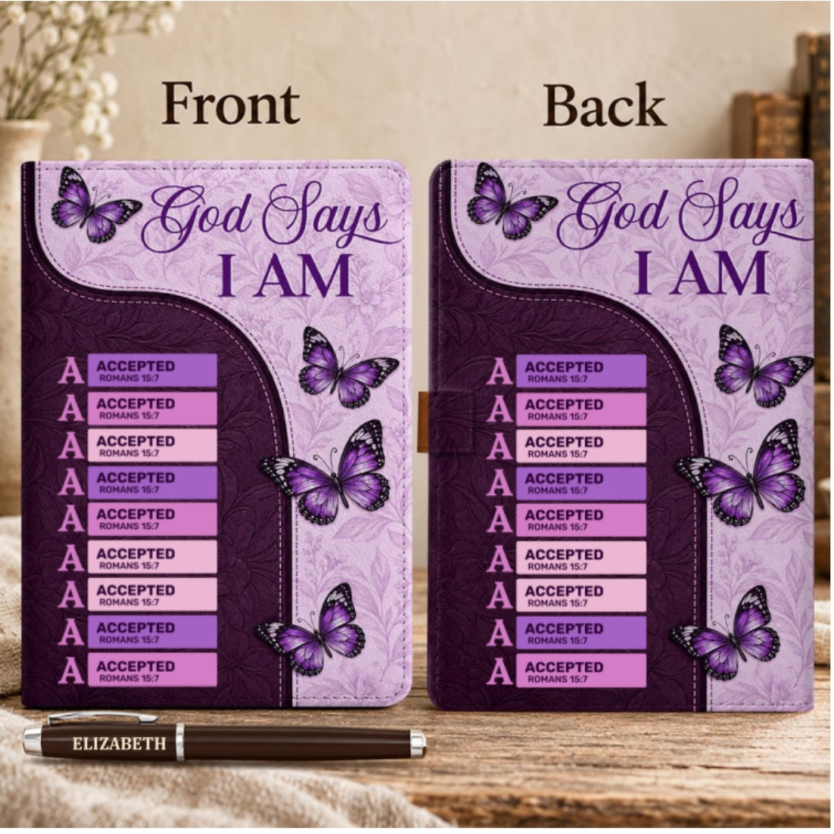 God Says I Am, Gift For Her | Personalized Leather Notebook & Pen Set