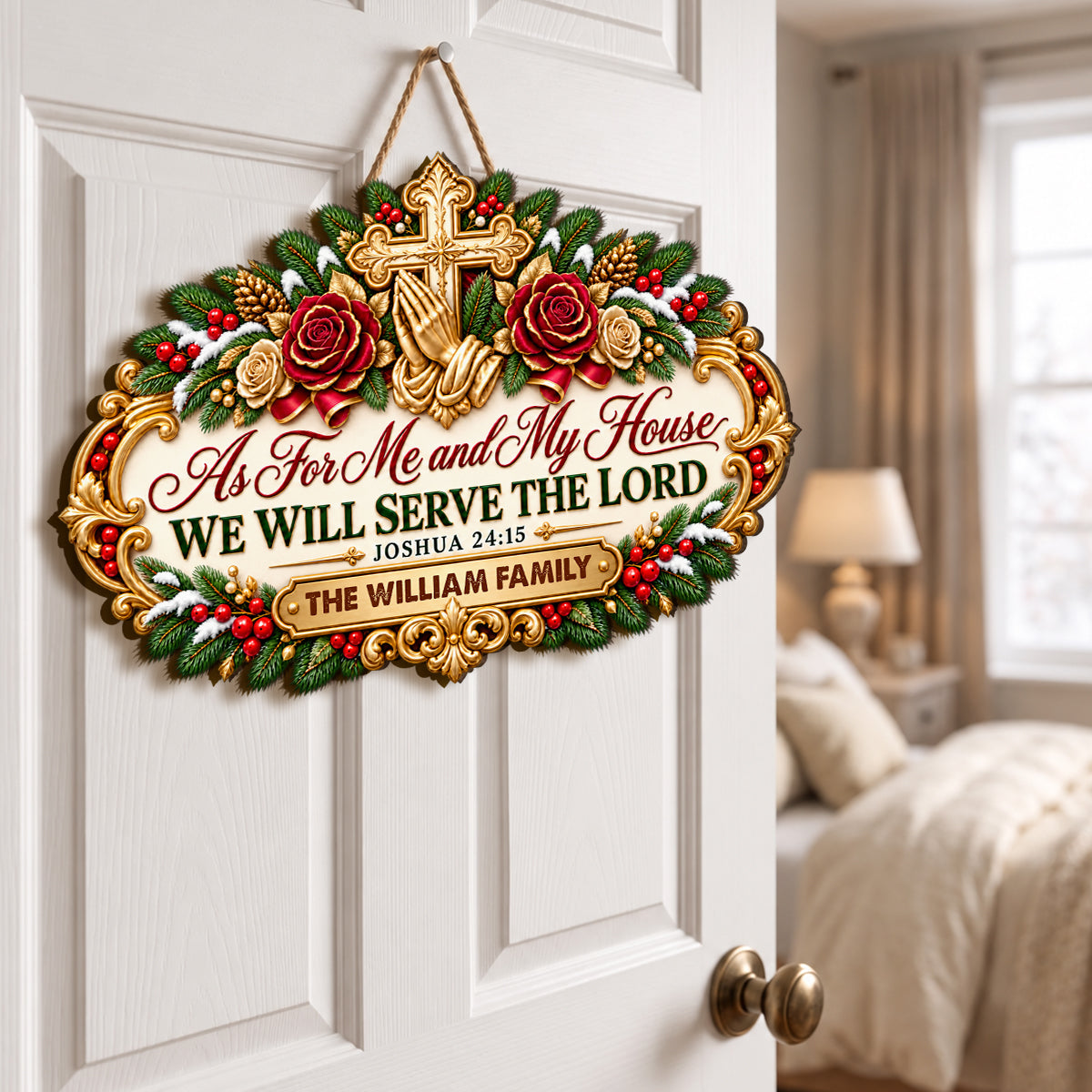 As For Me And My House We Will Serve The Lord, Gift For Christian Family | Personalized Wooden Door Sign