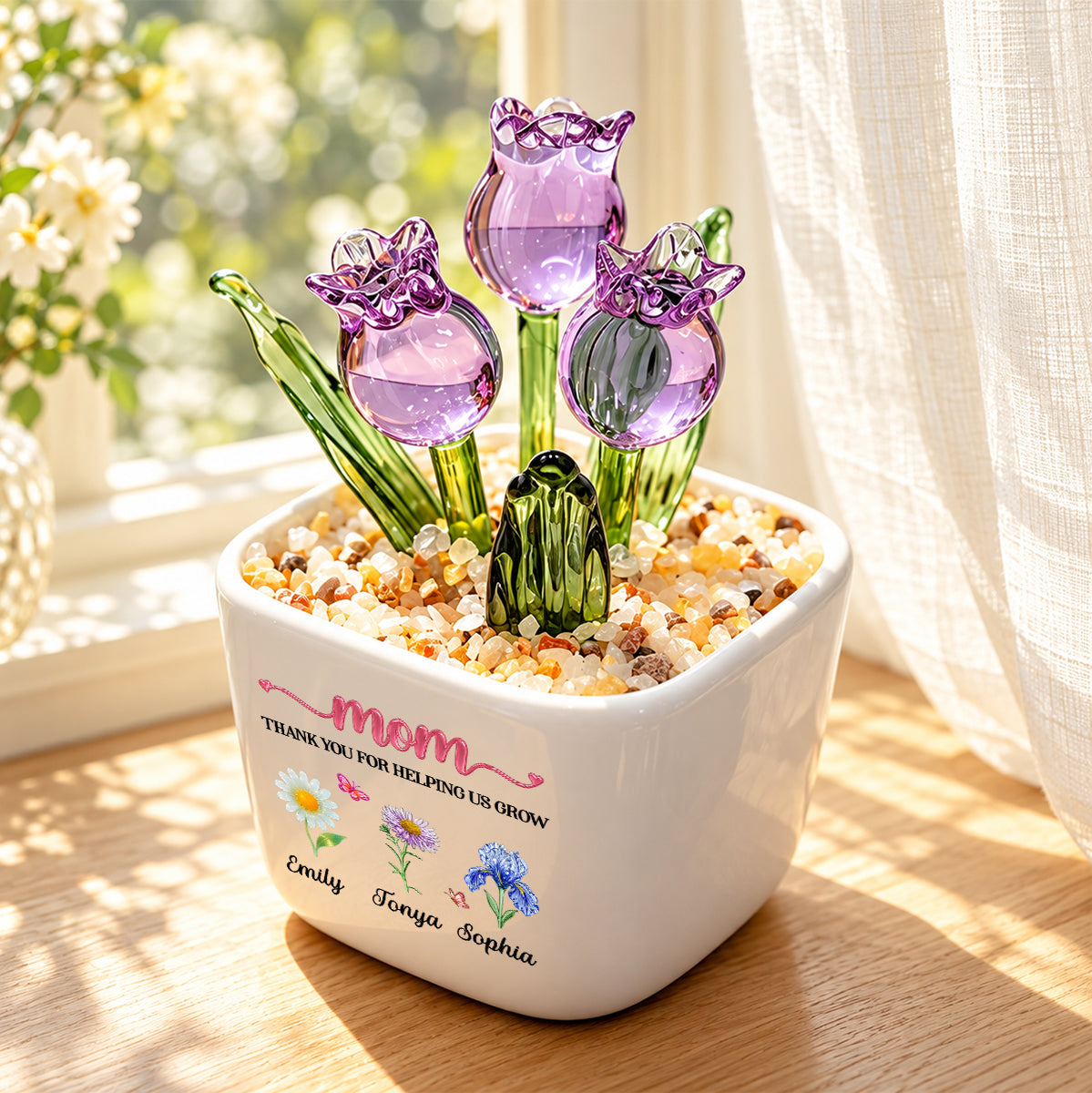 Thank You For Helping Me Grow, Gift For Mom, Grandma | Personalized Glass Everlasting Tulips
