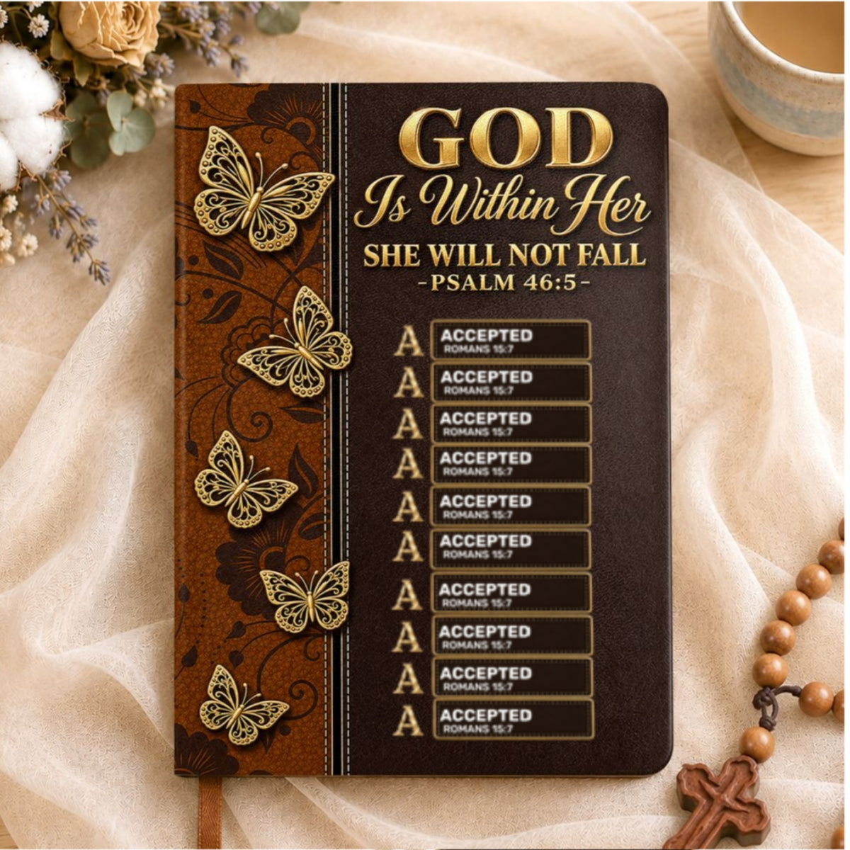 God Is Within Her She Will Not Fall, Gift For Women | Personalized Leather Cover Notebook