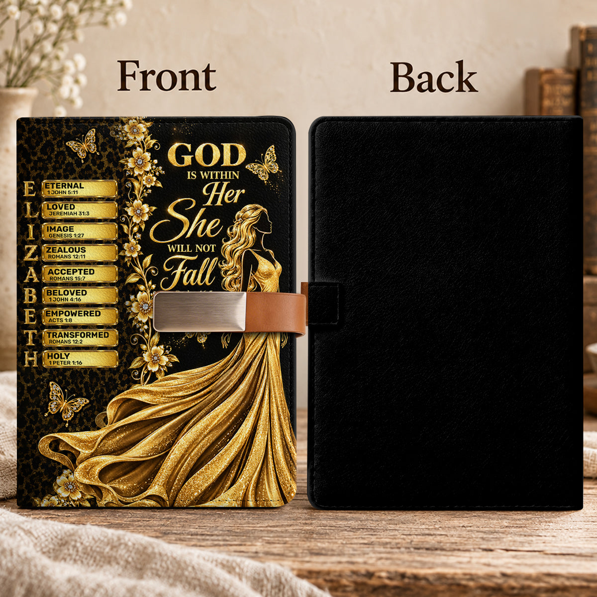 God Is Within Her She Will Not Fall, Gift For Women | Personalized Leather Notebook & Pen Set