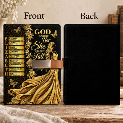 God Is Within Her She Will Not Fall, Gift For Women | Personalized Leather Notebook & Pen Set