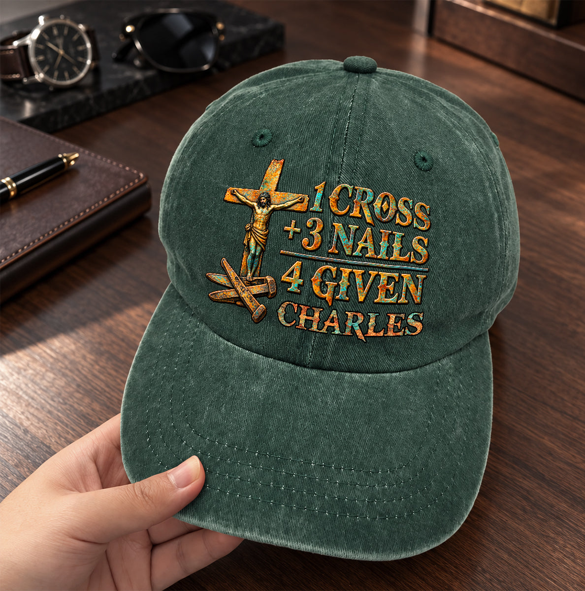 1 Cross 3 Nails 4 Given, Gift For Him | Personalized Vintage Washed Denim Cap