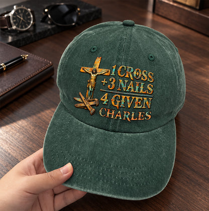 1 Cross 3 Nails 4 Given, Gift For Him | Personalized Vintage Washed Denim Cap