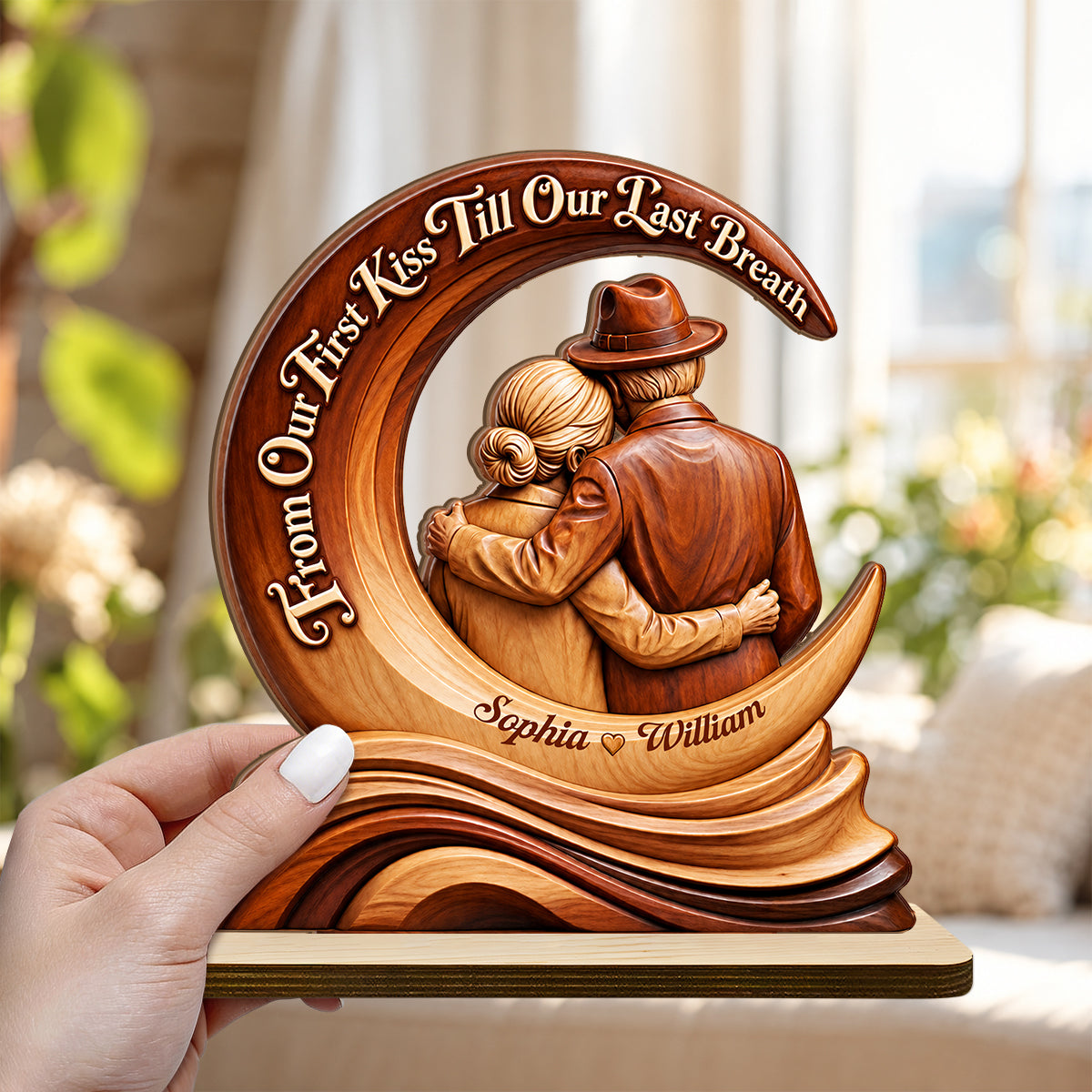Till Our Last Breath Crescent Love Sculpture, Wedding Anniversary Gifts For Couples, Wife | Personalized 2-Layer Wood Plaque With Flat Base