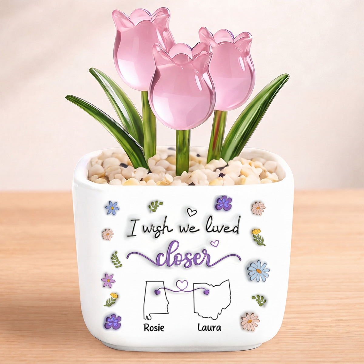 I Wish We Lived Closer, Gift For Friend - Personalized Glass Everlasting Tulips