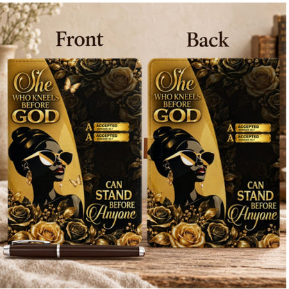 She Who Kneels Before God Can Stand Before Anyone, Gift For Women | Personalized Leather Notebook & Pen Set