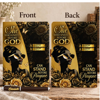 She Who Kneels Before God Can Stand Before Anyone, Gift For Women | Personalized Leather Notebook & Pen Set