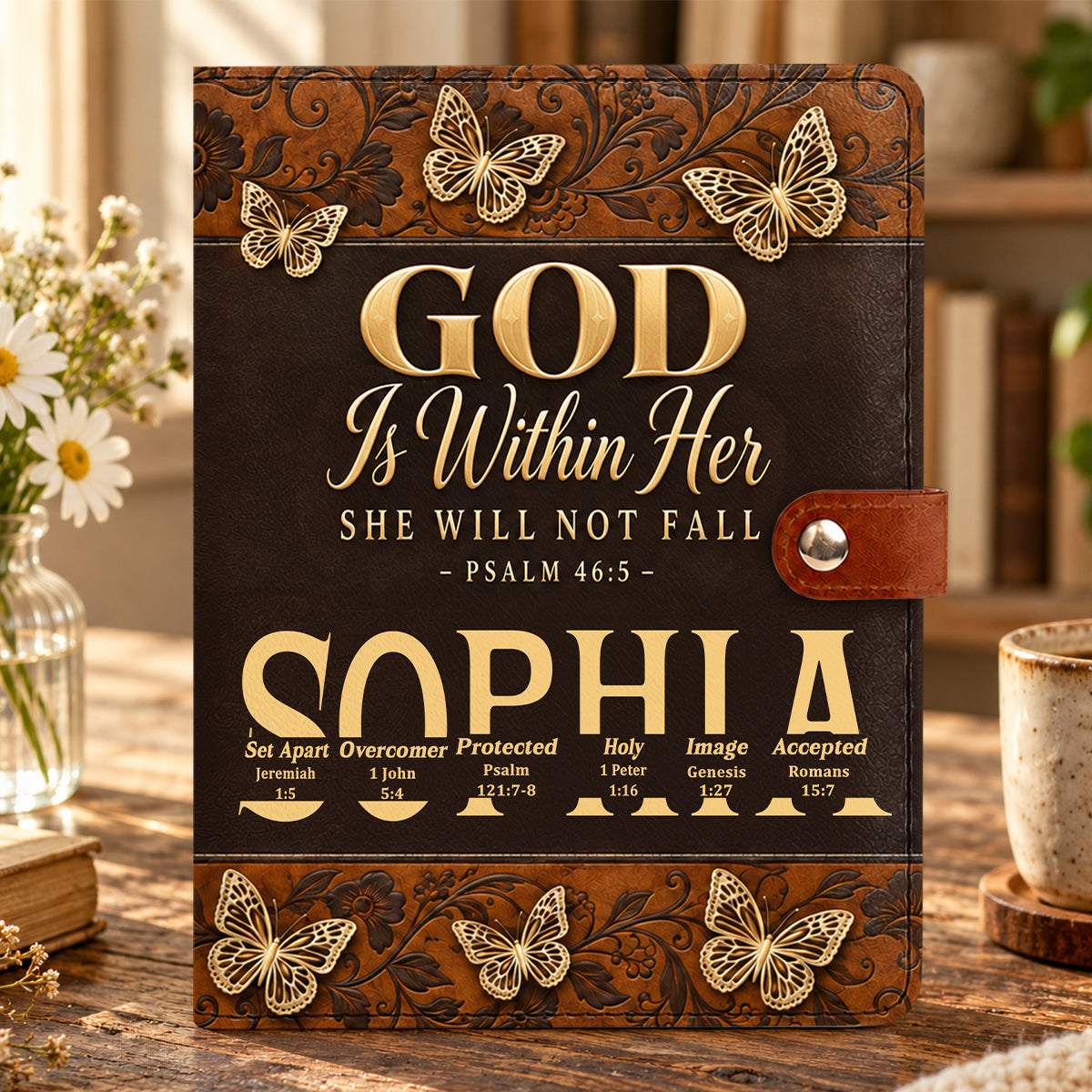 God Is Within Her She Will Not Fall, Gift For Women | Personalized Leather Notebook Cover With Pocket