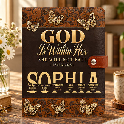 God Is Within Her She Will Not Fall, Gift For Women | Personalized Leather Notebook Cover With Pocket