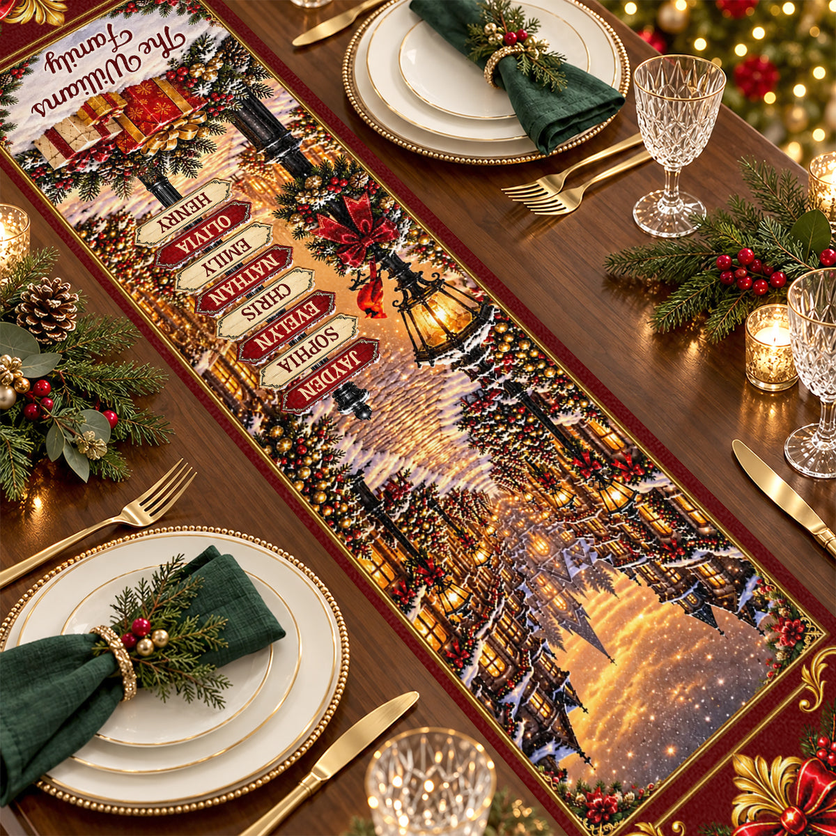 Custom Name Christmas Village Family Decor, Gift For Family | Personalized Table Runner