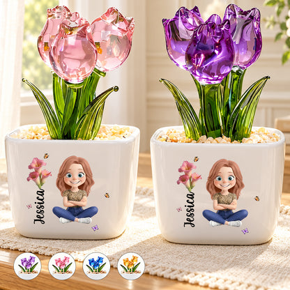 We Grow Beautifully, Birthday Gift For Women, Sister, Bestie | Personalized Glass Everlasting Tulips