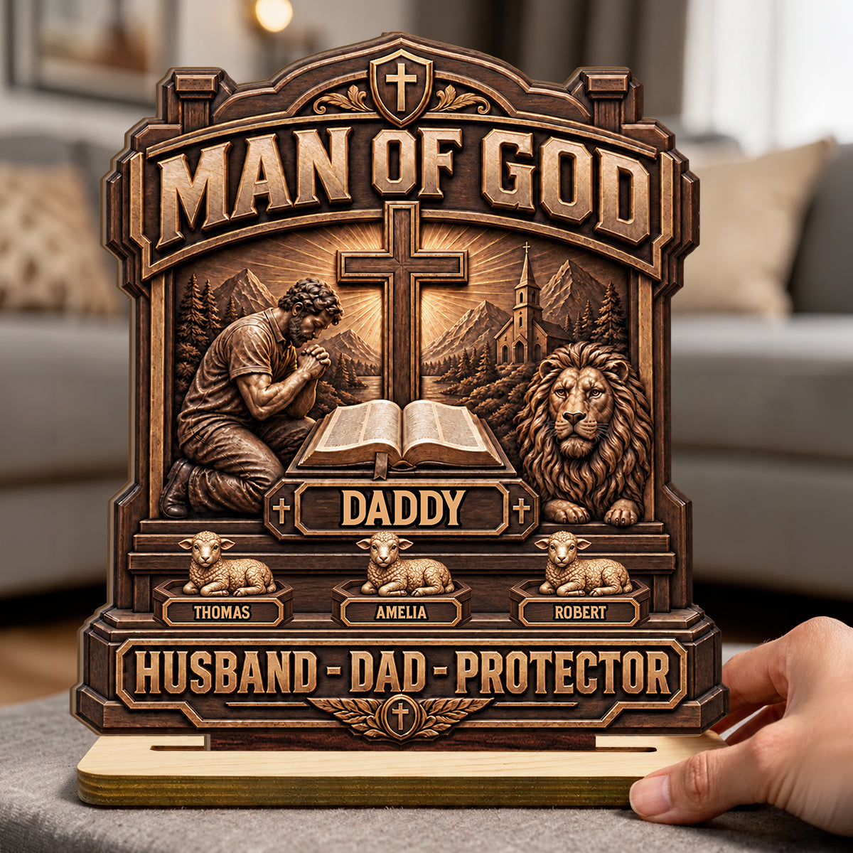 Man Of God, Gift For Dad, Husband, Grandpa, Christian Dad | Personalized 2-Layered Wooden Plaque 