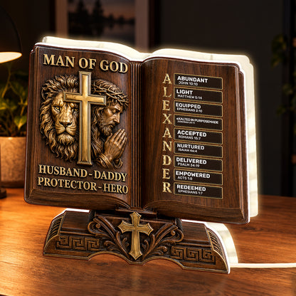 Man Of God Husband Daddy Protector Hero Wooden Edition, Gift For Husband And Dad | Personalized Light Box
