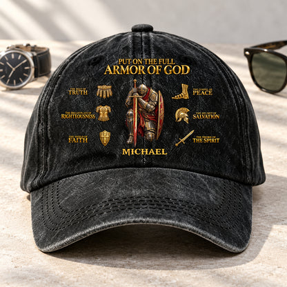 Put On The Full Armor Of God, Gift For Men | Personalized Vintage Washed Denim Cap