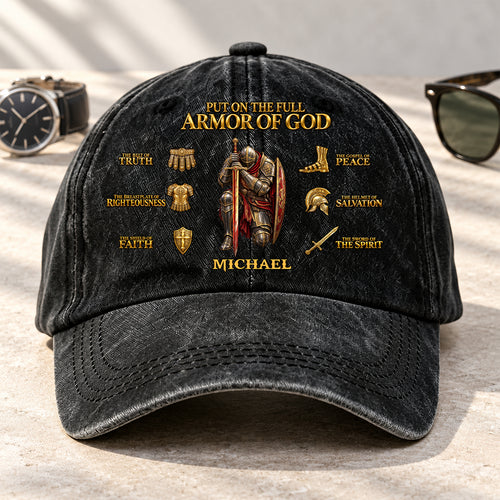 Put On The Full Armor Of God, Gift For Men | Personalized Vintage Washed Denim Cap