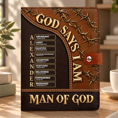Man Of God, Gift For Men | Personalized Leather Notebook Cover With Pocket