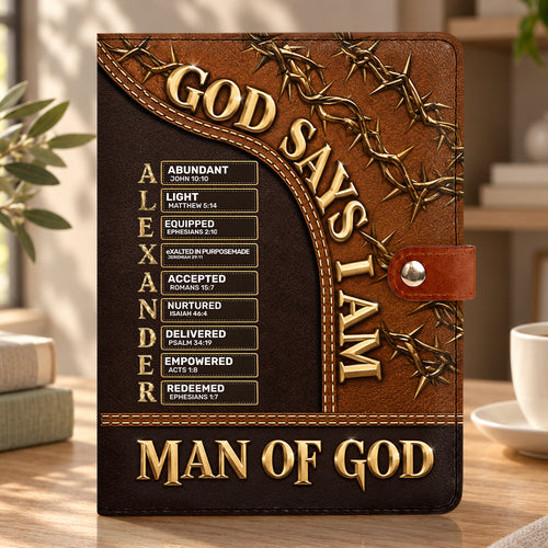 Man Of God, Gift For Men | Personalized Leather Notebook Cover With Pocket