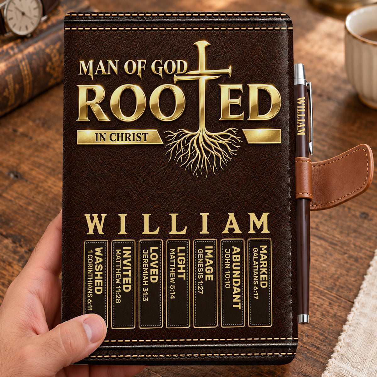 Man Of God, Gift For Men | Personalized Leather Notebook & Pen Set
