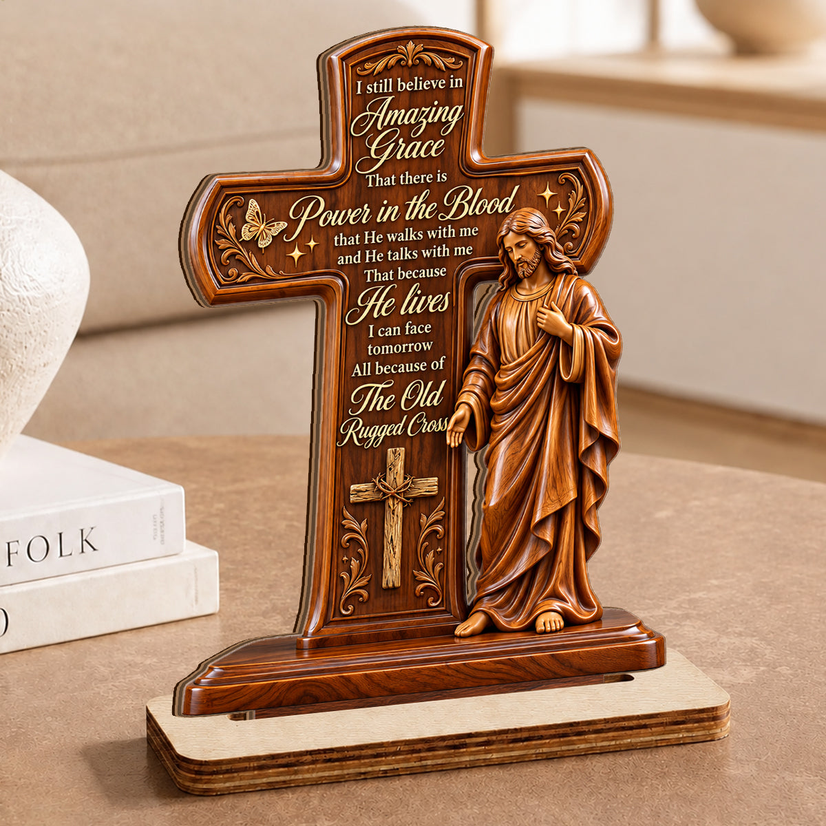 Amazing Grace, Gift For Loved One | Personalized 2-Layer Wood Plaque With Flat Base