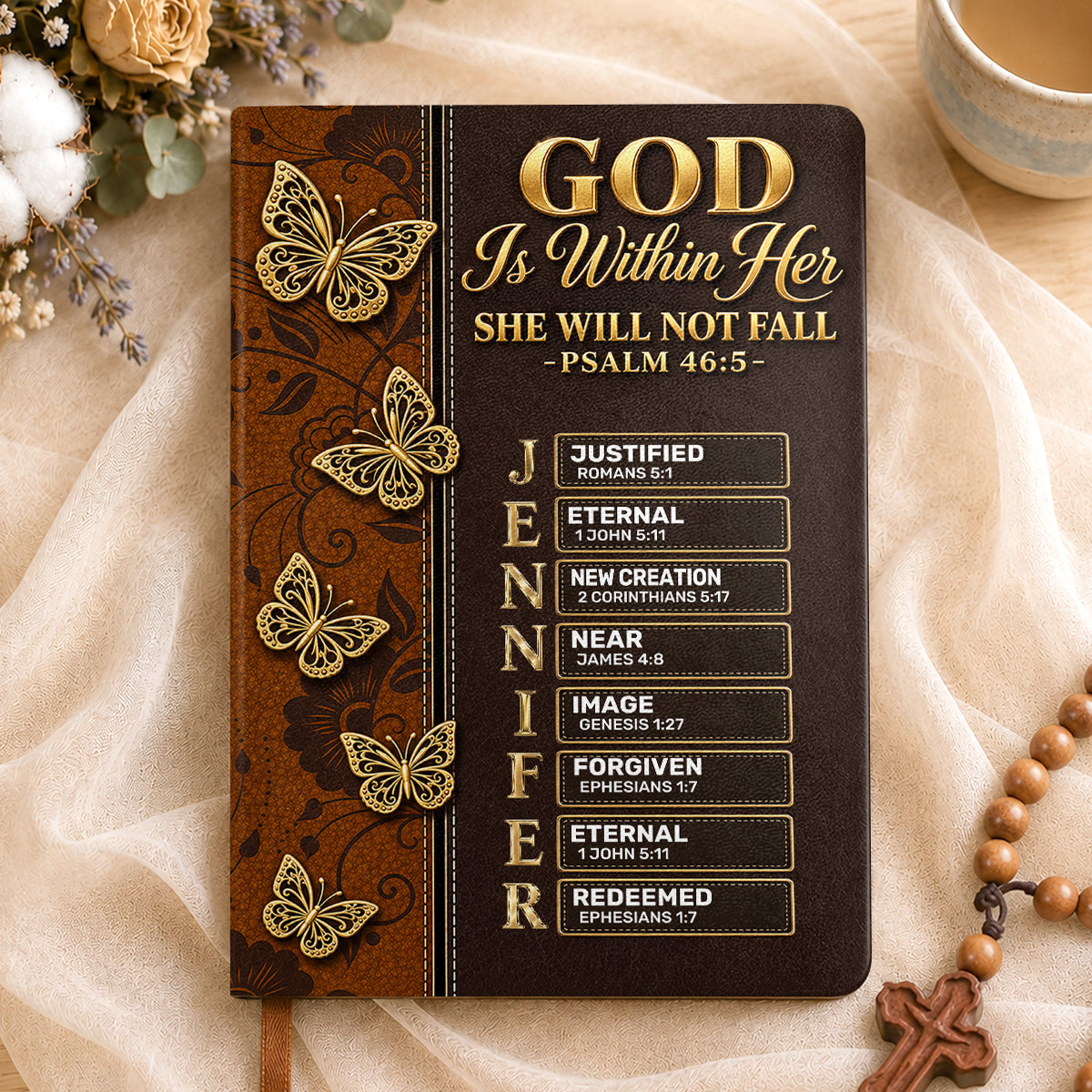 God Is Within Her She Will Not Fall, Gift For Women | Personalized Leather Cover Notebook