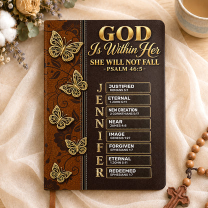 God Is Within Her She Will Not Fall, Gift For Women | Personalized Leather Cover Notebook