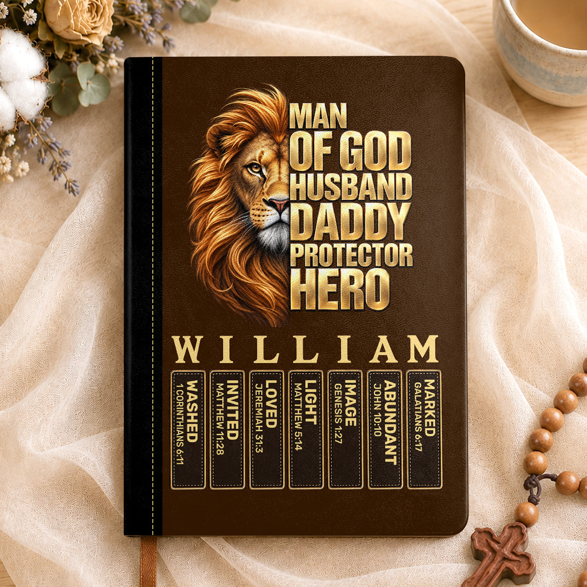 Man Of God Husband Dad Protector Hero, Gift For Dad | Personalized Leather Cover Notebook