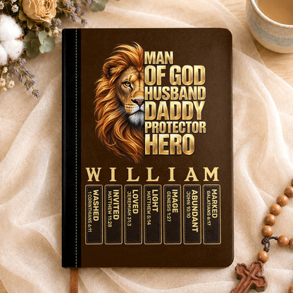 Man Of God Husband Dad Protector Hero, Gift For Dad | Personalized Leather Cover Notebook