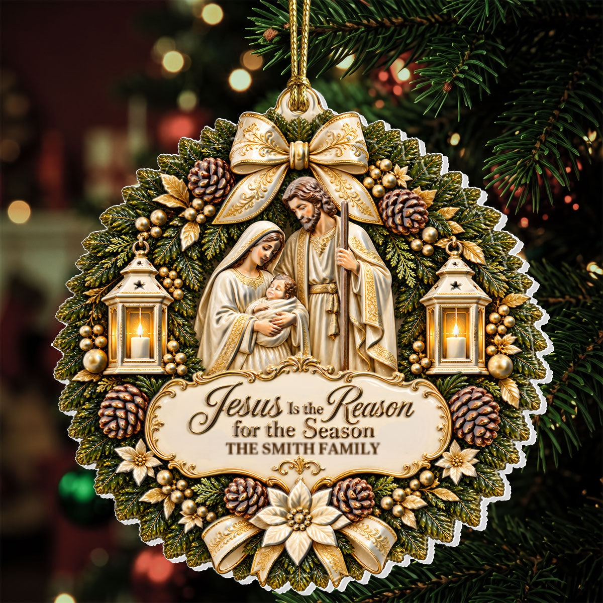Jesus Is The Reason For The Season, Christian Christmas Gifts For Family | Personalized 3D Relief White Acrylic Ornament