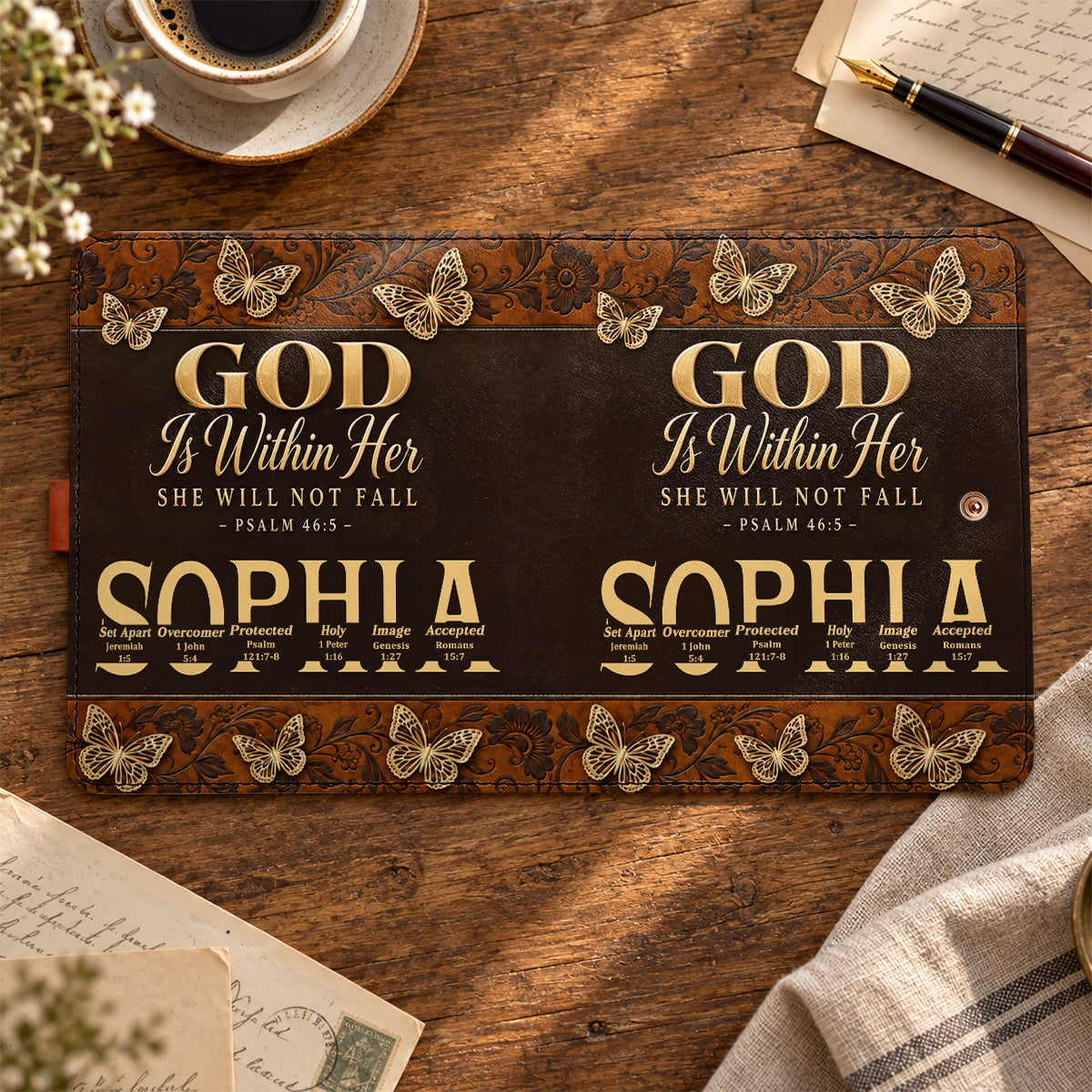 God Is Within Her She Will Not Fall, Gift For Women | Personalized Leather Notebook Cover With Pocket