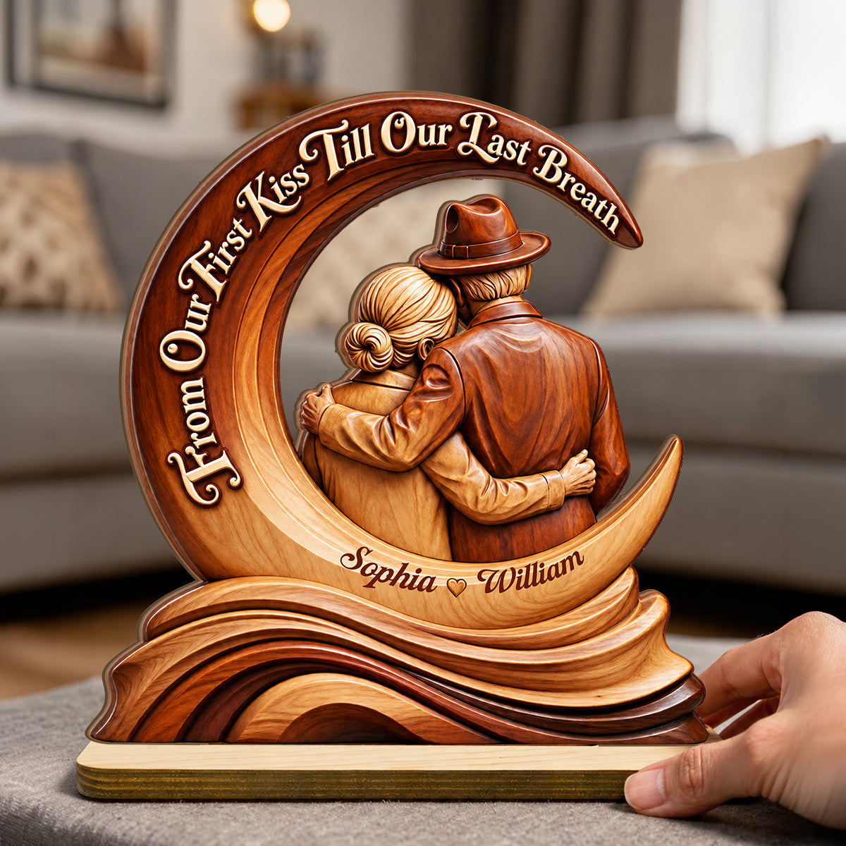 Till Our Last Breath Crescent Love Sculpture, Wedding Anniversary Gifts For Couples, Wife | Personalized 2-Layer Wood Plaque With Flat Base