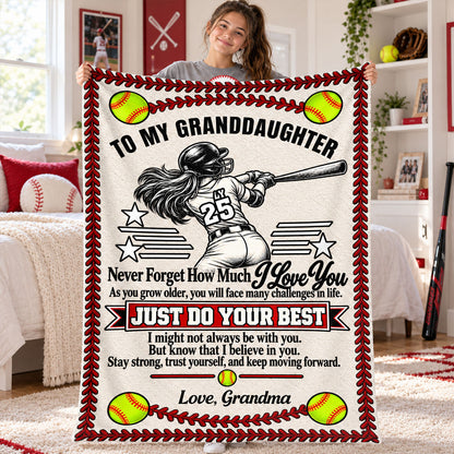 To My Granddaughter Softball Version, Gift For Granddaughter From Grandma | Personalized Fleece Blanket