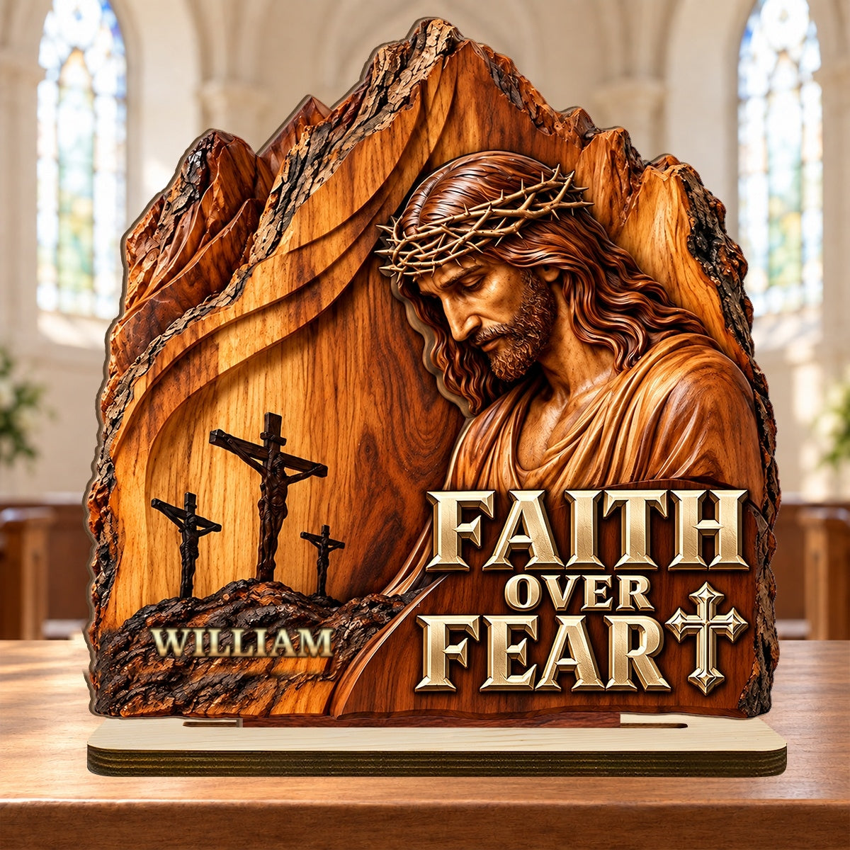 Faith Over Fear, Gift For Men | Personalized 2-Layer Wood Plaque With Flat Base