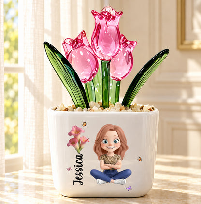 We Grow Beautifully, Birthday Gift For Women, Sister, Bestie | Personalized Glass Everlasting Tulips