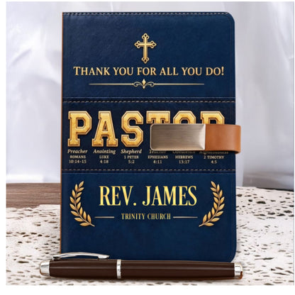 Thank You for All You Do, Gift For Pastor - Personalized Leather Notebook & Pen Set