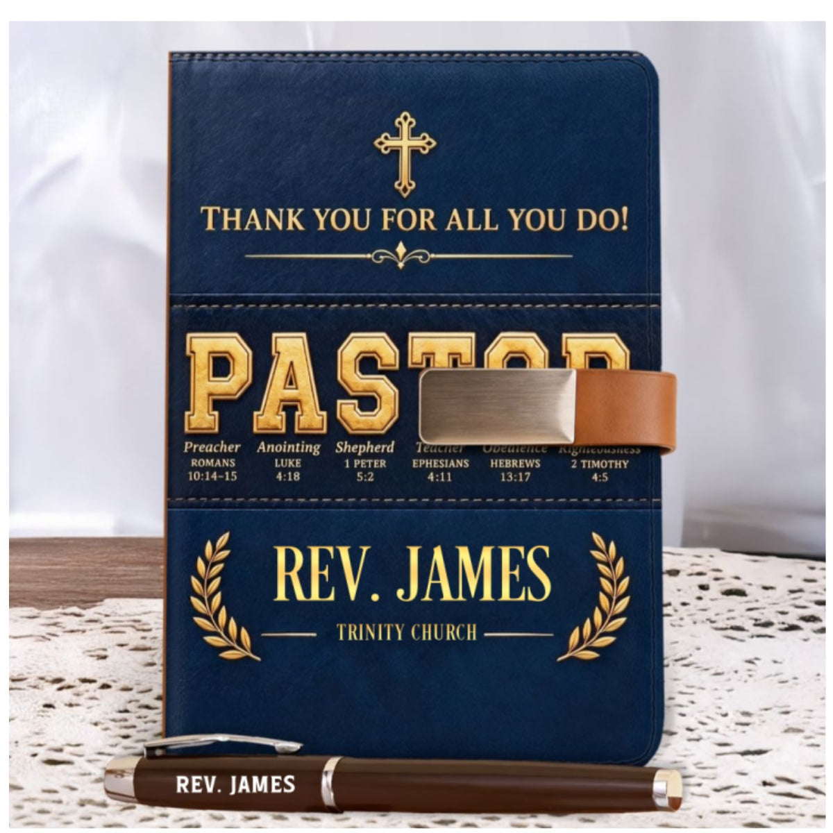 Thank You for All You Do, Gift For Pastor - Personalized Leather Notebook & Pen Set