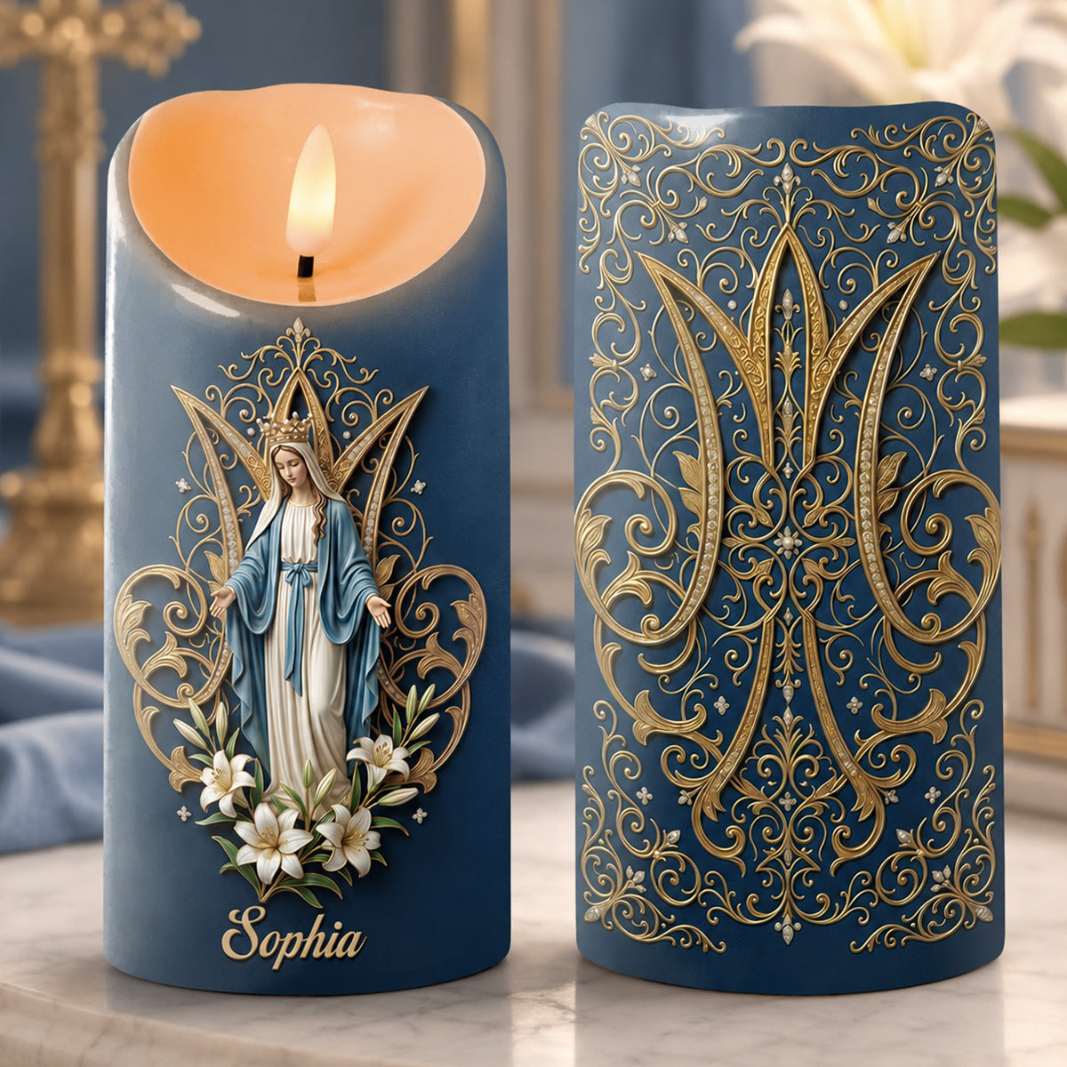 Crowned Maria Lily Devotion - Personalized Flameless LED Candle