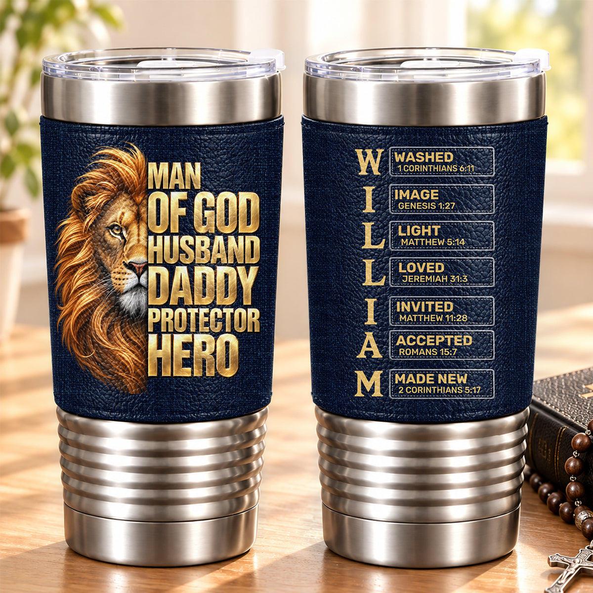 Man Of God Husband Dad Protector Hero, Gift For Husband Dad | Personalized 20oz Leather Wrapped Tumbler