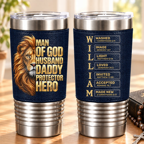 Man Of God Husband Dad Protector Hero, Gift For Husband Dad | Personalized 20oz Leather Wrapped Tumbler