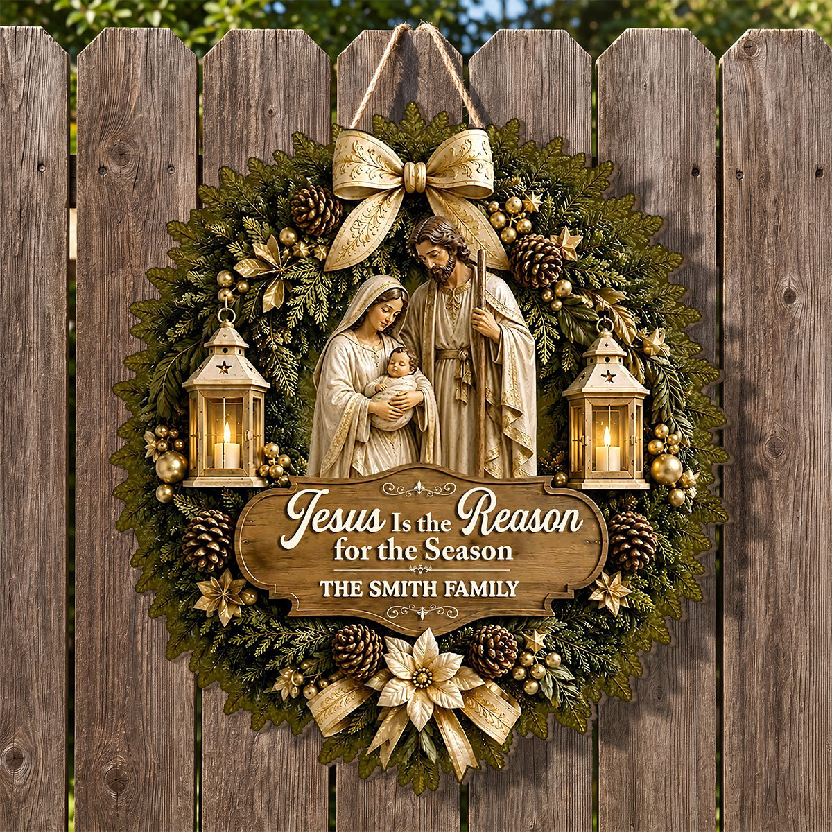 Jesus Is The Reason For The Season, Gift For Family - Personalized Wooden Door Sign