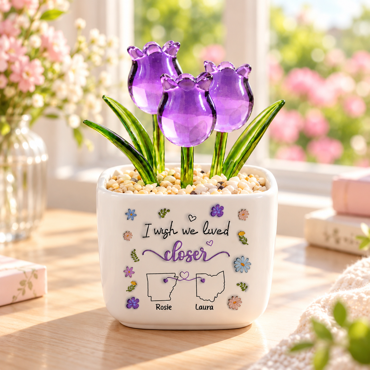 I Wish We Lived Closer, Gift For Friend - Personalized Glass Everlasting Tulips