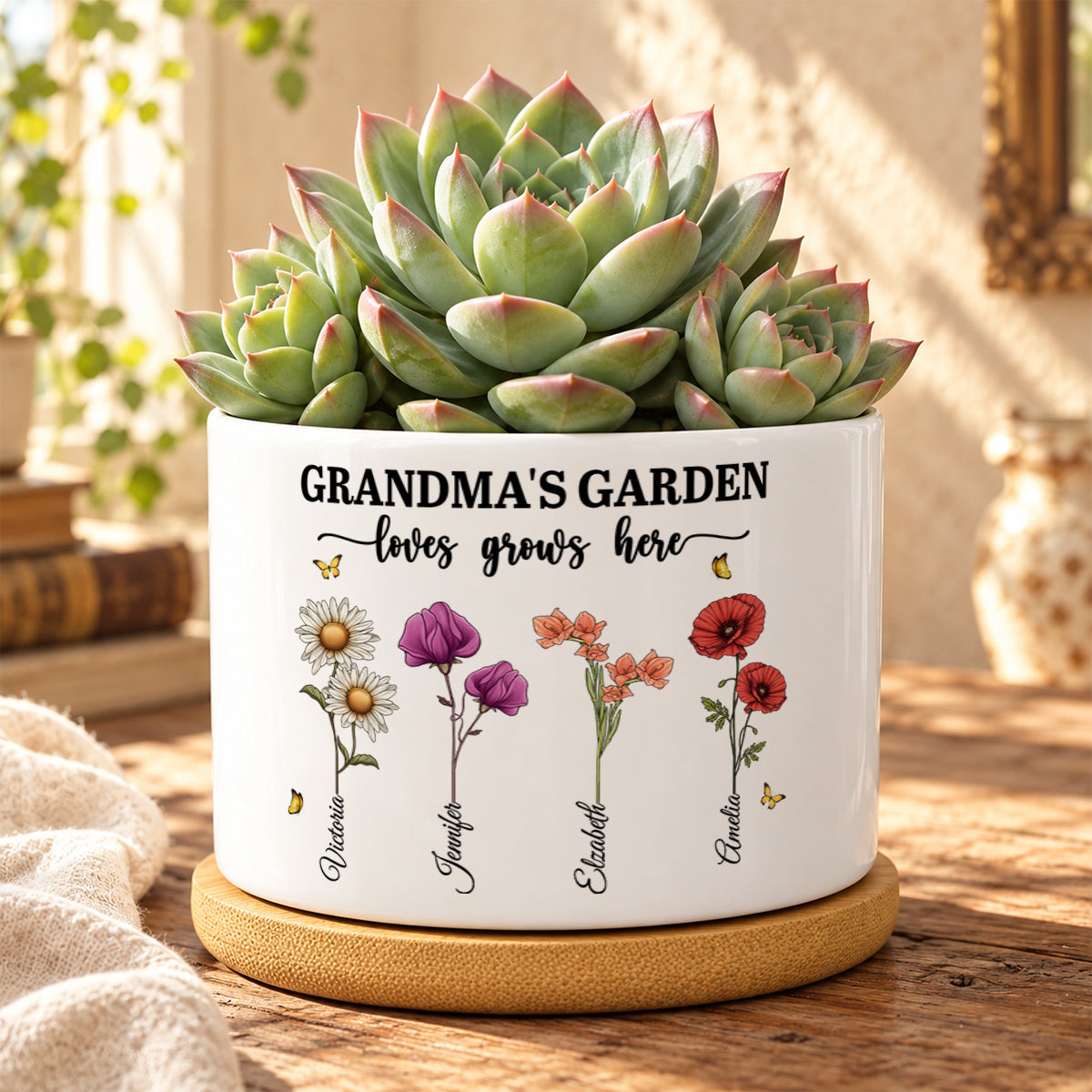 Grandma's Garden Love Grows Here, Gift For Grandma | Personalized Ceramic Plant Pot With Bamboo Tray