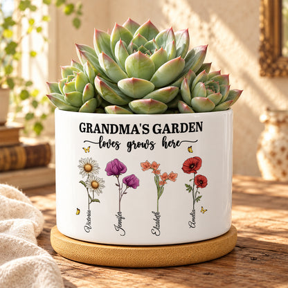 Grandma's Garden Love Grows Here, Gift For Grandma | Personalized Ceramic Plant Pot With Bamboo Tray