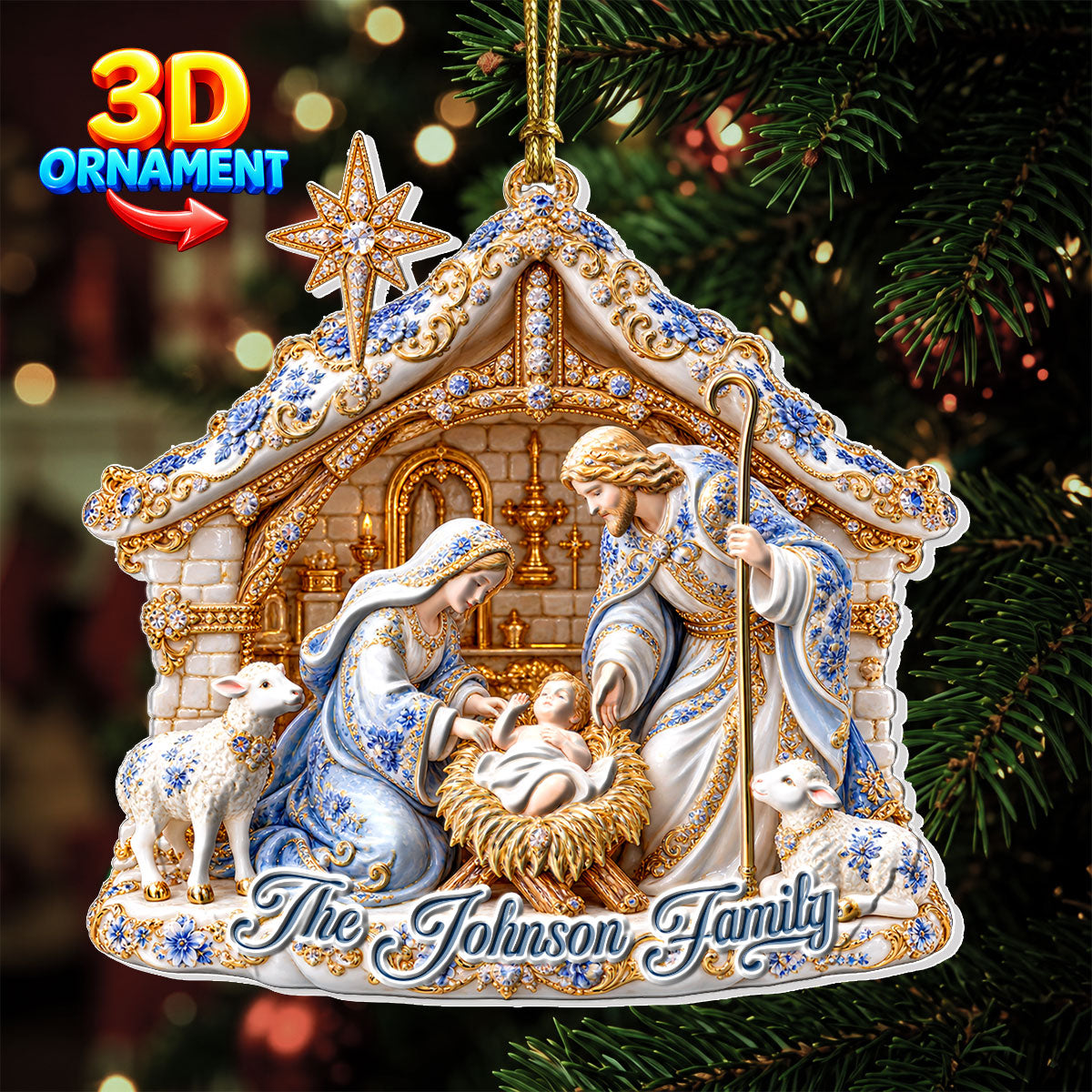 Our Family Nativity, Gift For Family | Personalized 3D Relief White Acrylic Ornament