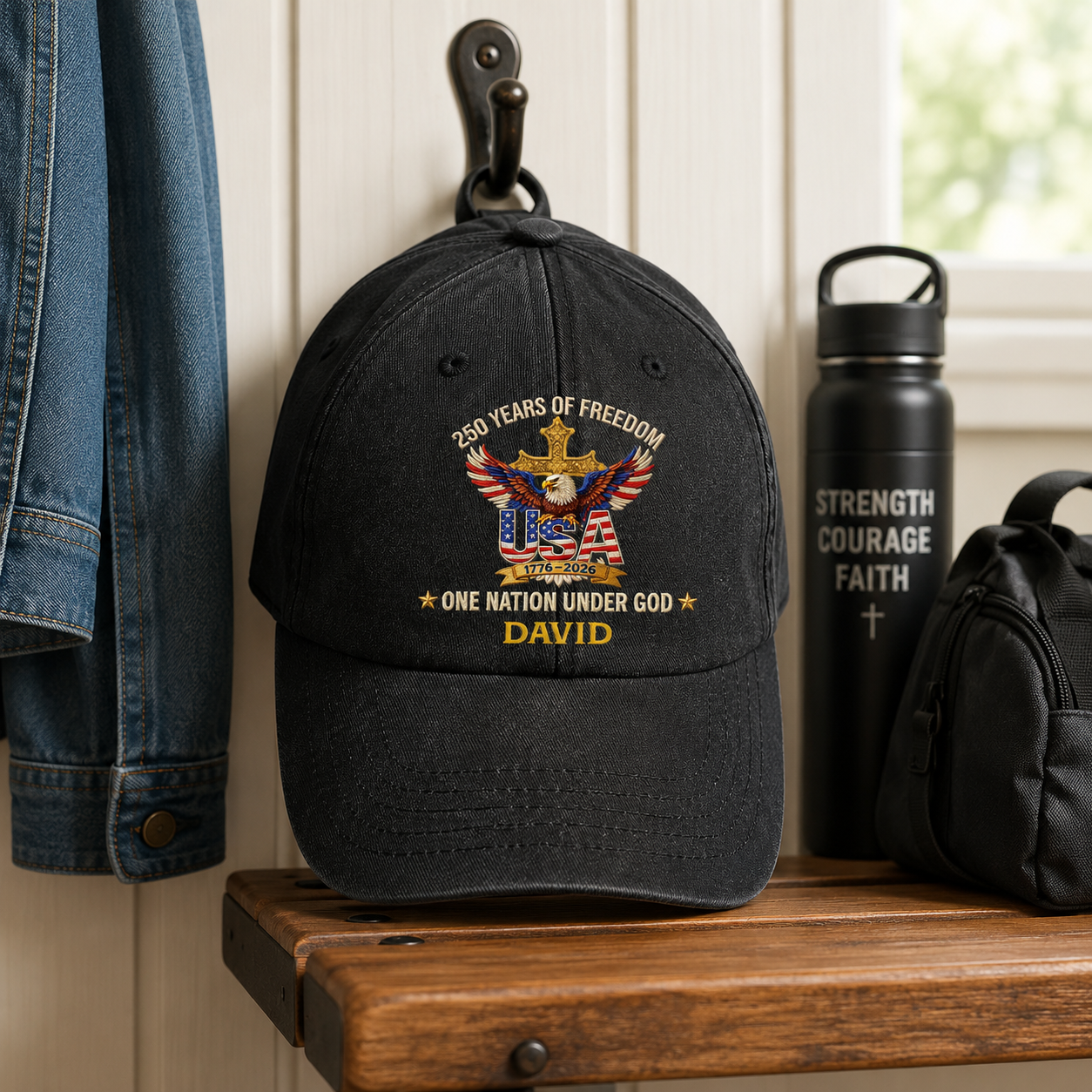 Faux Puff Embroidery Effect 250 Years Of Freedom One Nation Under God | Personalized Vintage Washed Denim Cap