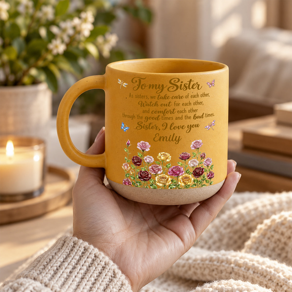 Blooming Bond, Custom Christmas & Birthday Gift For Sister - Personalized Pottery Mug