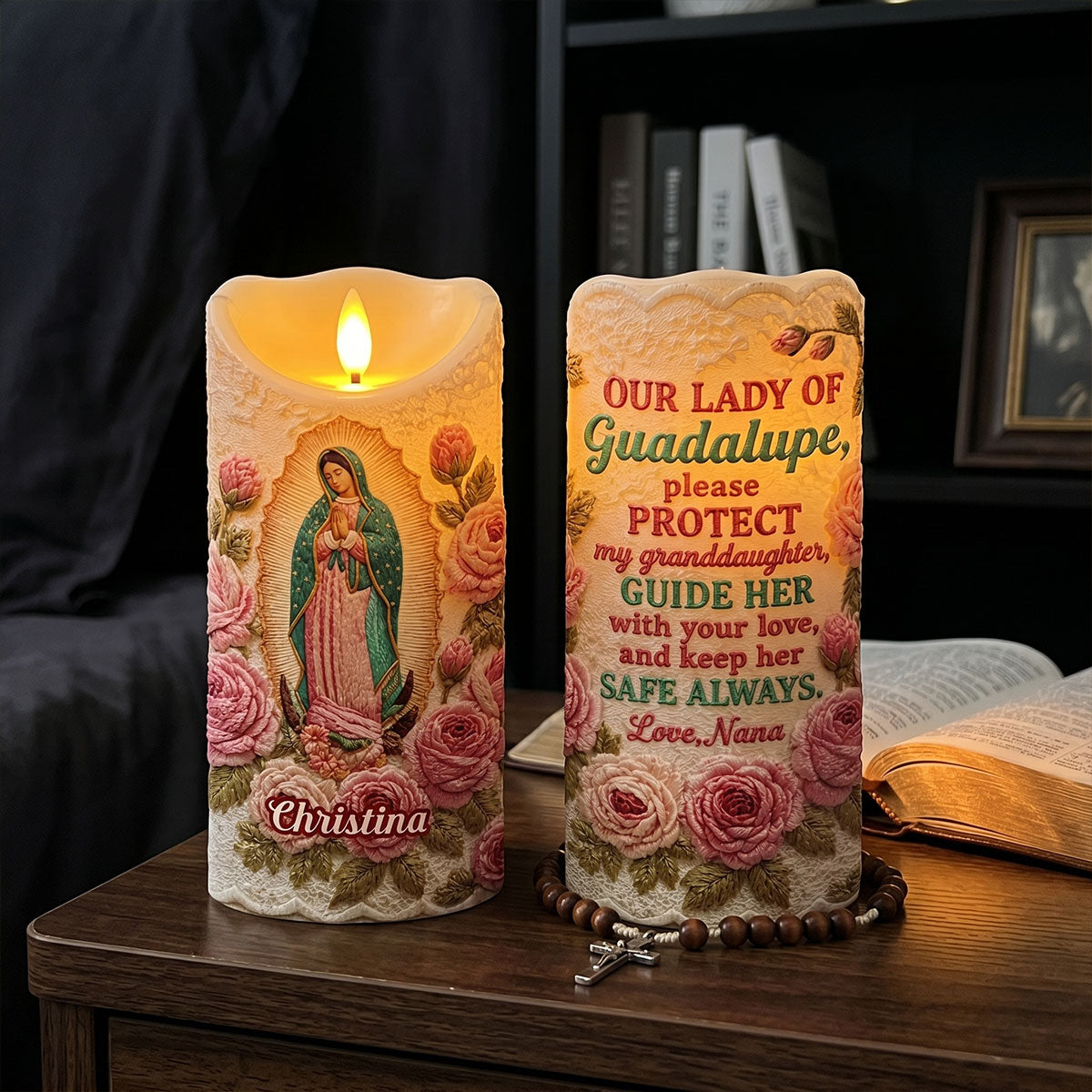 Our Lady Of Guadalupe Floral - Personalized Flameless LED Candle