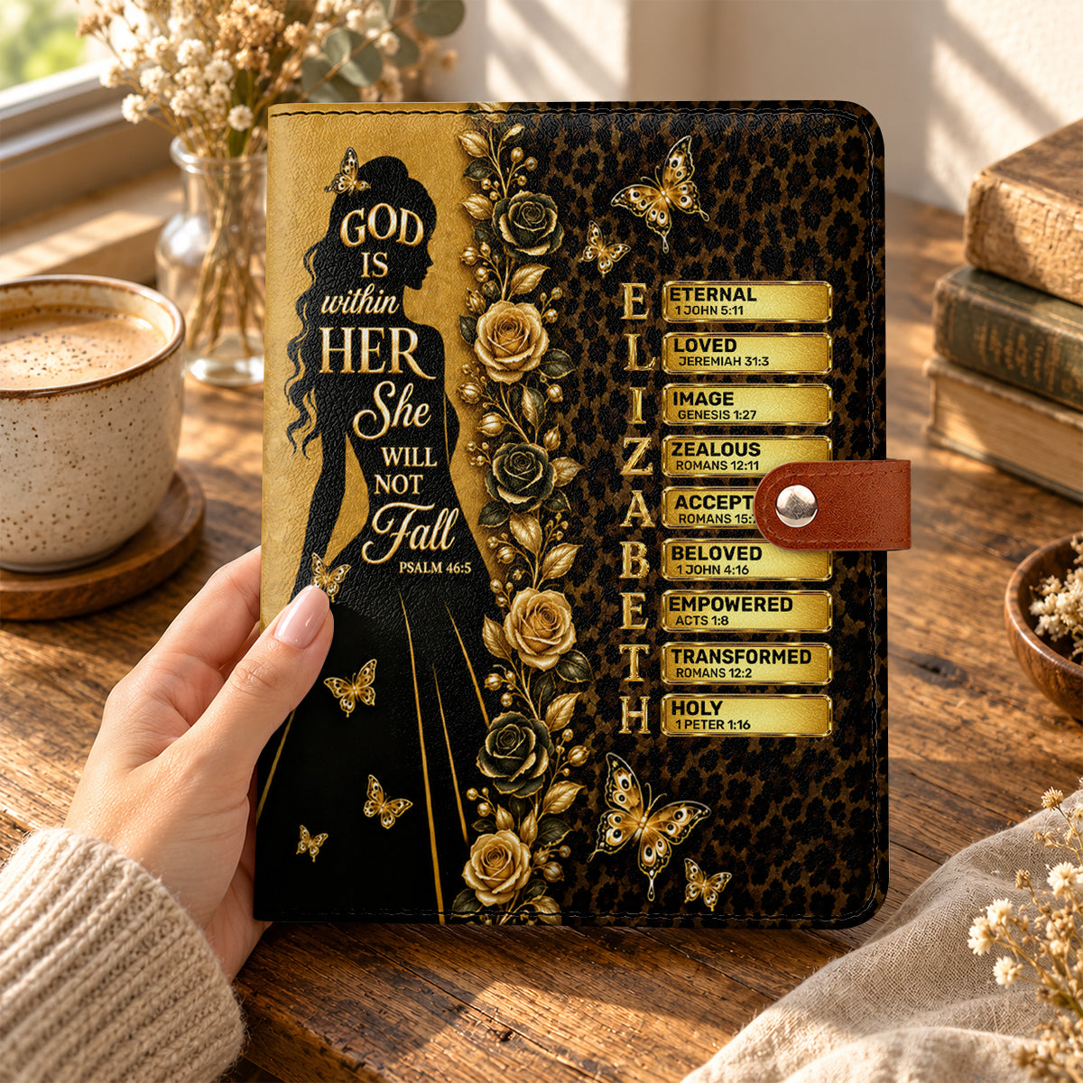 God Is Within Her She Will Not Fall, Gift For Women | Personalized Leather Notebook Cover With Pocket