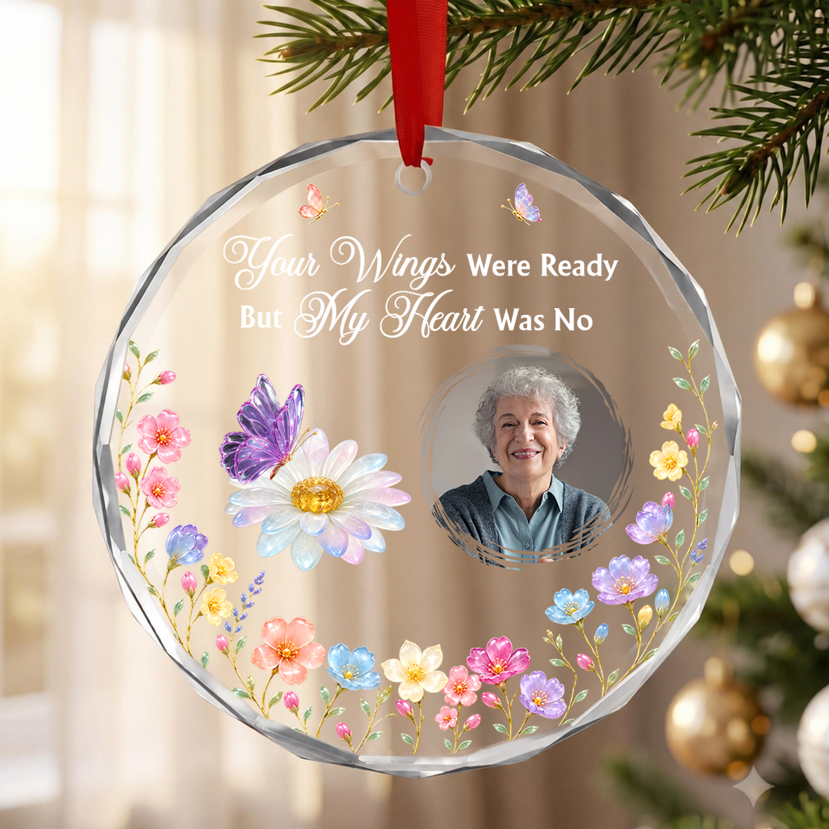 Remembrance Gemstone Butterfly, Gift For Loved One - Personalized Round Shaped Glass Ornament