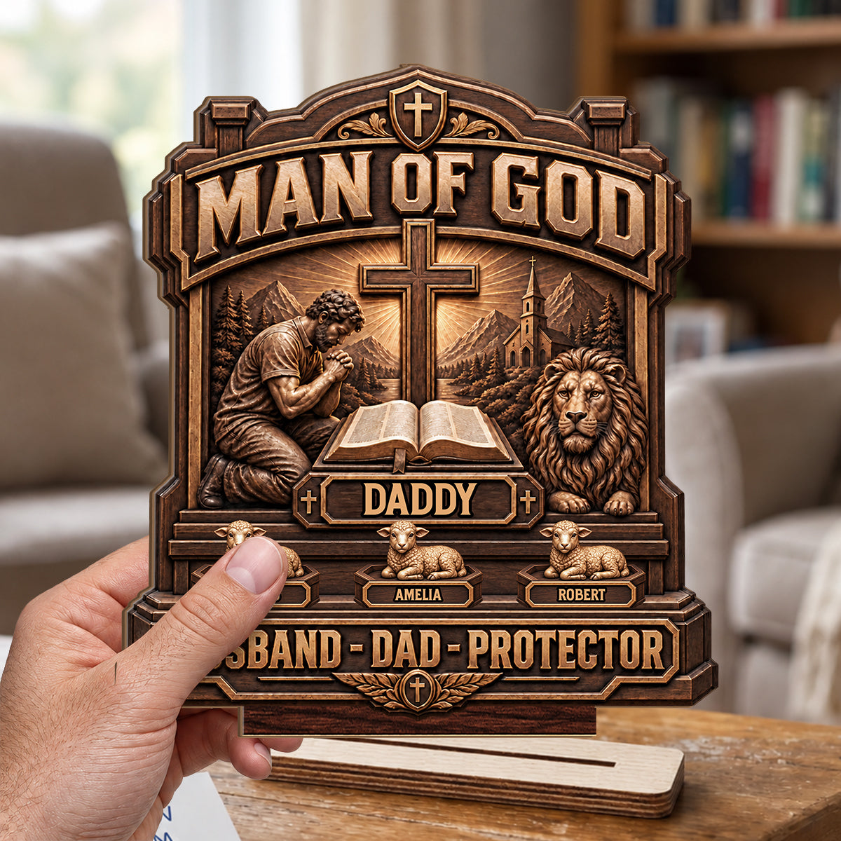 Man Of God, Gift For Dad, Husband, Grandpa, Christian Dad | Personalized 2-Layered Wooden Plaque 